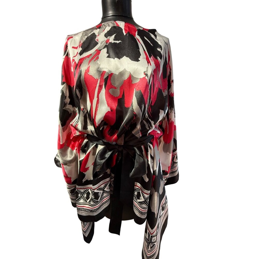 LANE BRYANT Satin Kimono Size 14–20 Red Black Abstract Print Belted Top